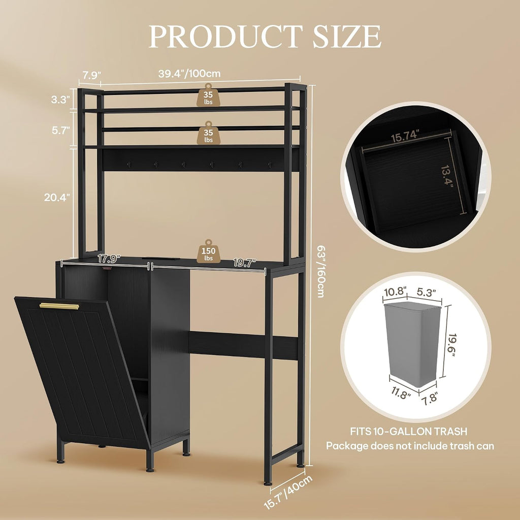 DWVO 63' Tall 39.4' Wide Fridge Stand with Tilt Out Trash Can Fit 10 Gallon, Mini Storage Bakers, Kitchen Rack with Power Outlets Freestadning Coffee Bar Cabinet 3-Tiers Coffee Stand Station Black