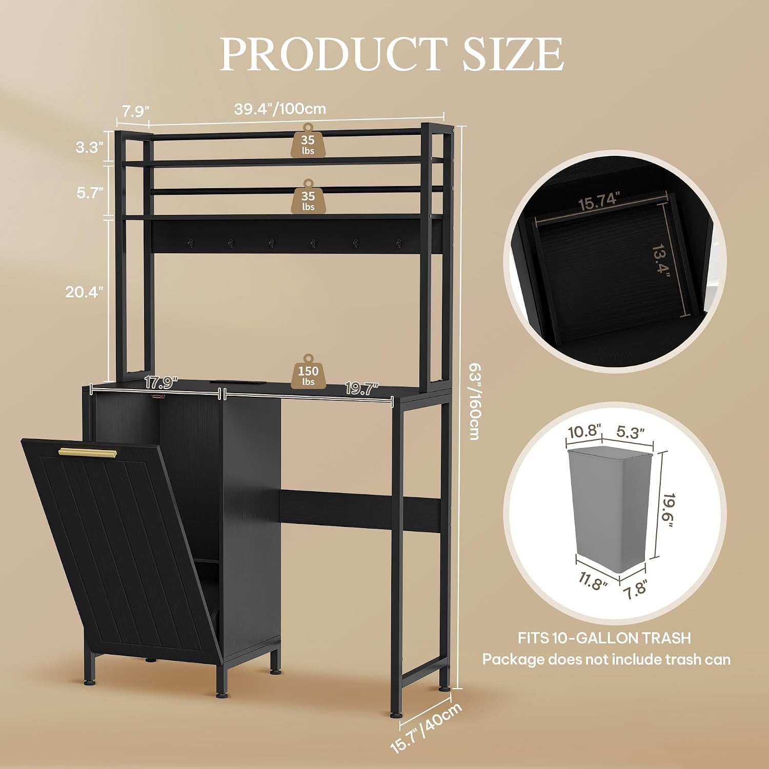 DWVO 63' Tall 39.4' Wide Fridge Stand with Tilt Out Trash Can Fit 10 Gallon, Mini Storage Bakers, Kitchen Rack with Power Outlets Freestadning Coffee Bar Cabinet 3-Tiers Coffee Stand Station Black