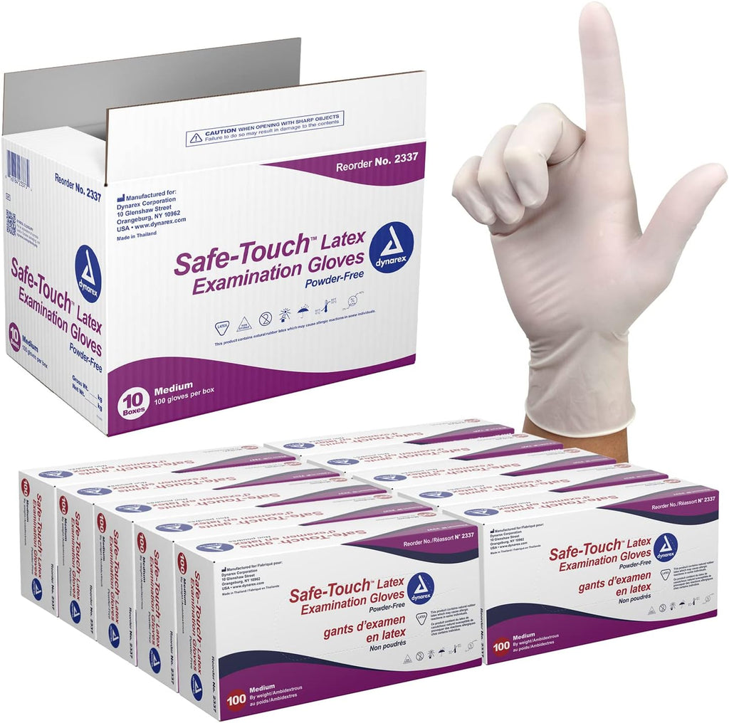 Dynarex Safe-Touch Disposable Latex Exam Gloves, Powder-Free - Healthcare, Corrections/Law Enforcement, Salon/Spa - Bisque, Medium, 1 Case - 10 Boxes of 100 Gloves