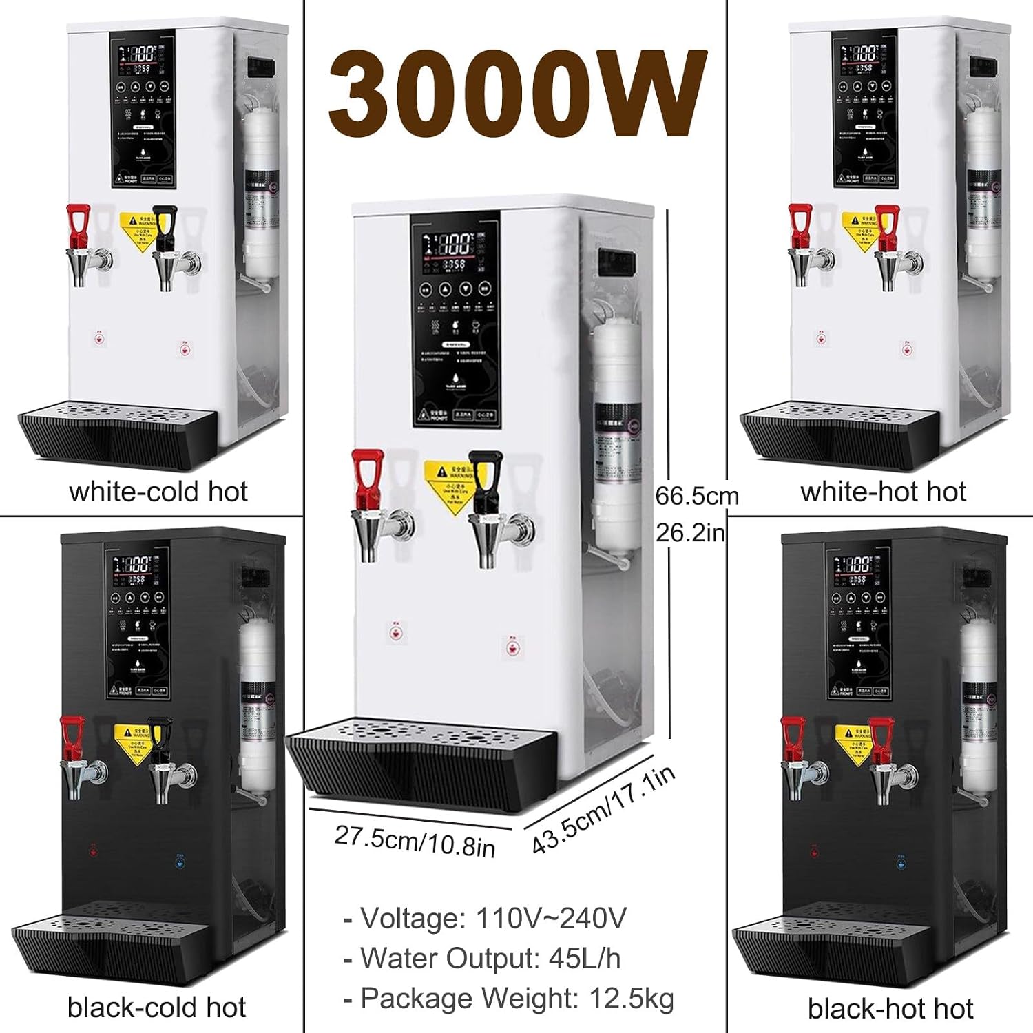 Hot Water Dispenser for Home, 3000W Electric Water Boiler with Dual Faucet, LCD Touch Screen, Commercial Water Boiler for Coffee Tea Restaurant Office,White-hot hot