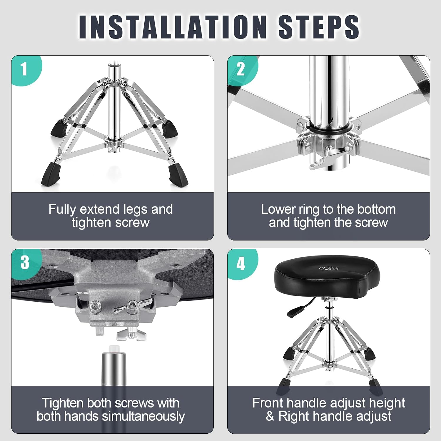 TENTOTEN Drum Throne Hydraulic Drum Stool, Removable Ergonomic Drum Seat with Memory Foam Velvet Surface and Foldable Base, 19in-24in Height Drummer Stool for Adults & Kids, TOT 750