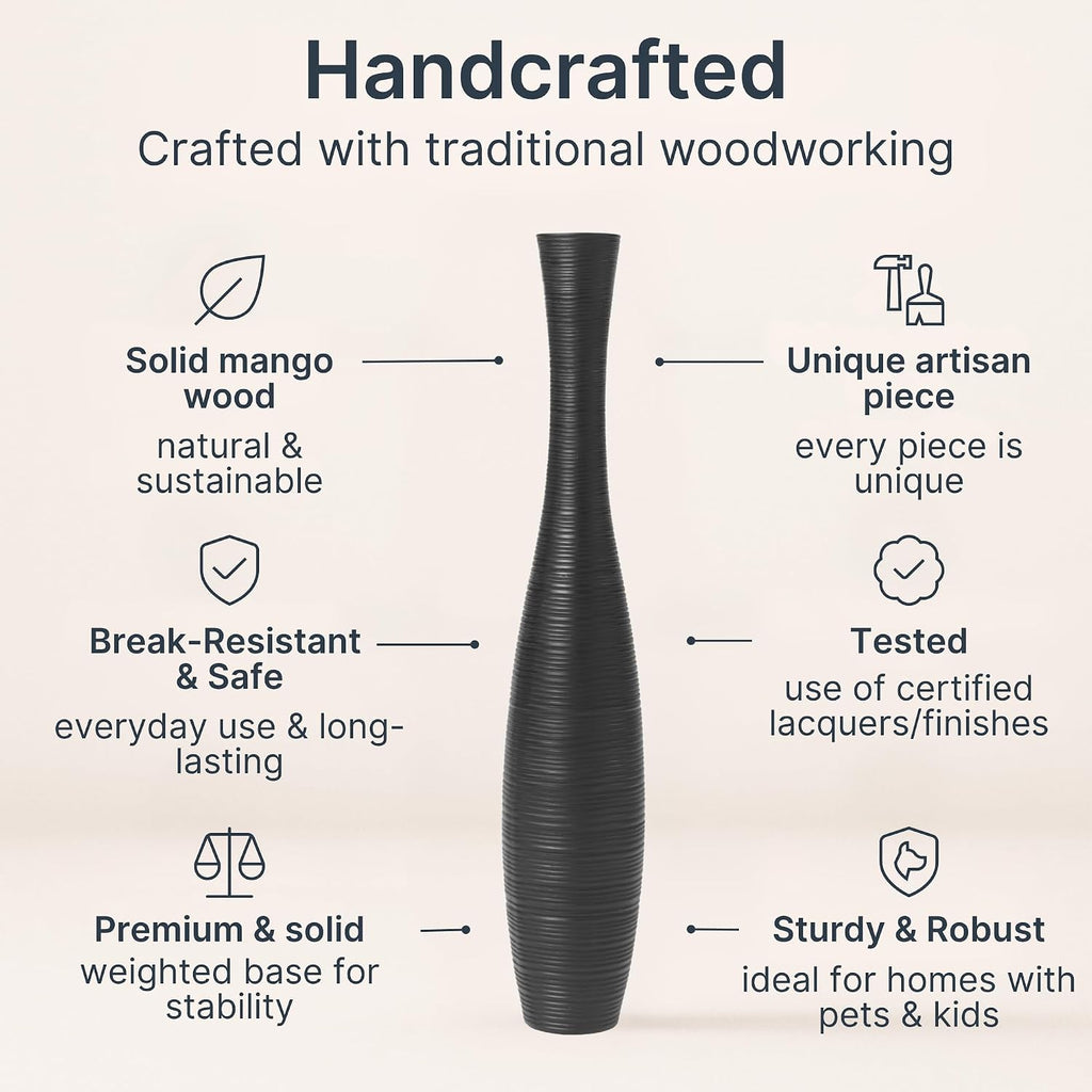 Leewadee Large Black Home Decor Floor Vase - Wooden 41 inch Tall Farmhouse Decor Flower Holder for Fake Plant and Pampas Grass