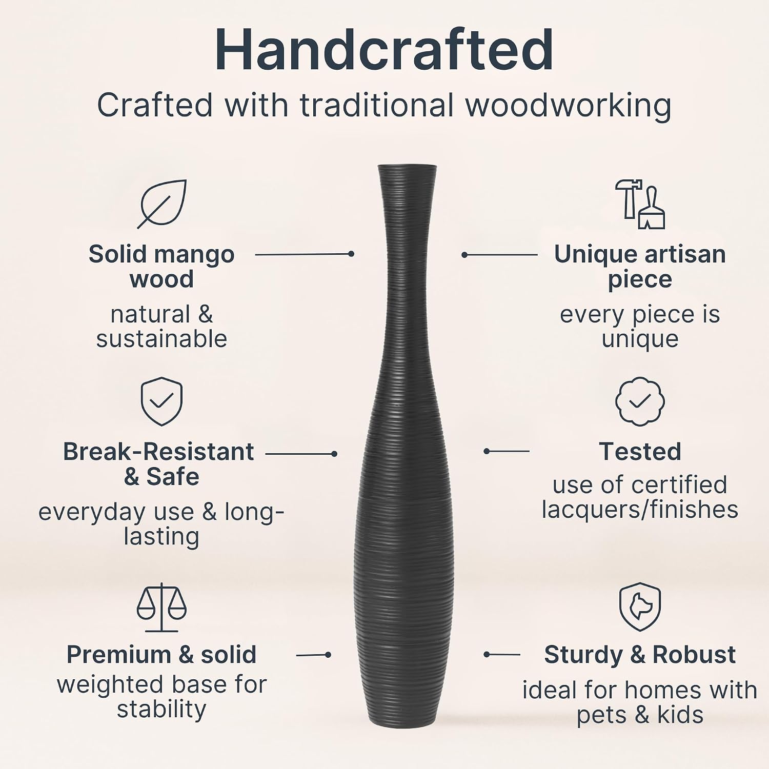 Leewadee Large Black Home Decor Floor Vase - Wooden 41 inch Tall Farmhouse Decor Flower Holder for Fake Plant and Pampas Grass