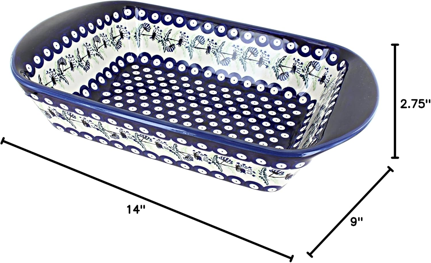 Blue Rose Polish Pottery - Blue Sweet Annie Large Rectangular Baker with Handles - 11.5' x 9.25' - Unique, Dishwasher Safe, & Durable Bakeware