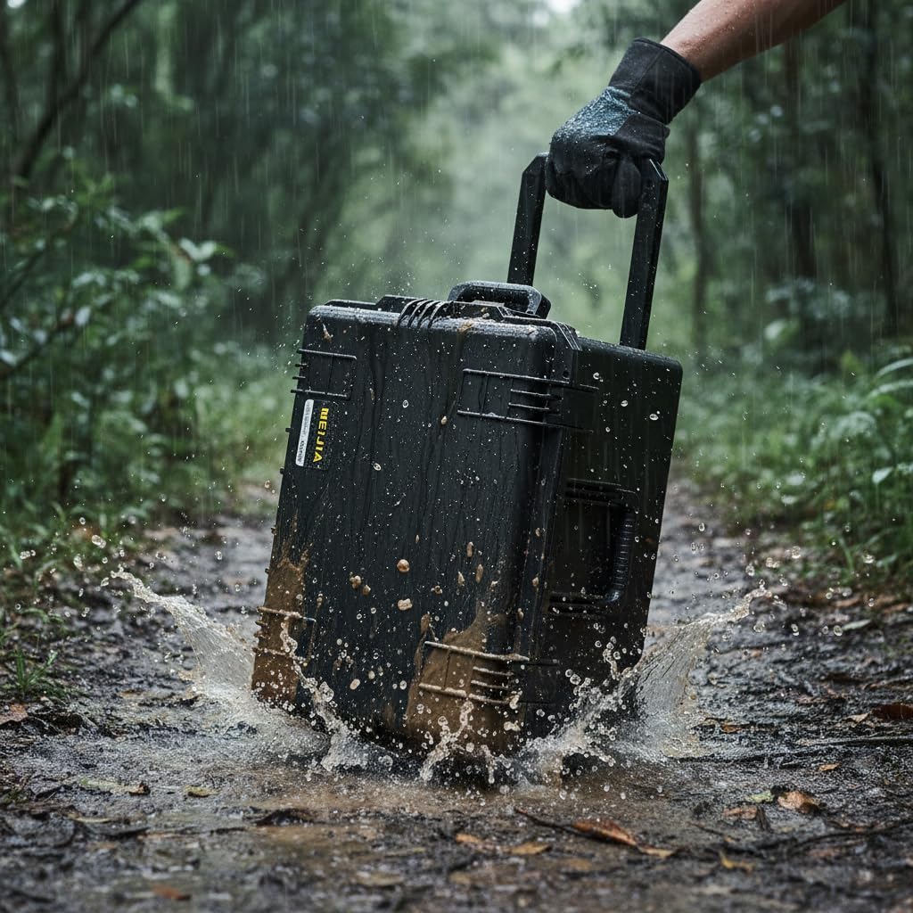 MEIJIA Portable All Weather Waterproof Rolling Hard Camera Case with Customizable Fit Foam and Wheels, 24.6'X19.7'X14.4',Elegant Black