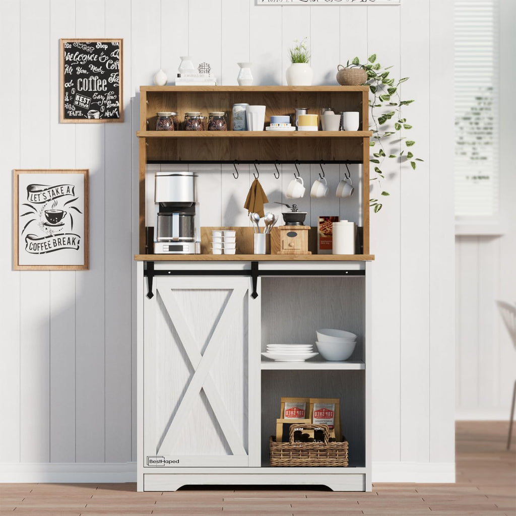 BestHaped Farmhouse Coffee Station with 3 Tier Storage Hutch & 6 Hooks - 56 Inch Small Coffee Bar Table with Adjustable Shelves for Living/Dining Room