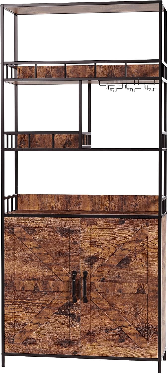 70.8' Tall Bar Cabinet, 5 Tier Storage Cabinet, with Wine Rack & Bakers RackKitchen Pantry Microwave Stand, Freestanding Liquor Cabinet & Coffee Bar Hutch for Dining Room, Living Room