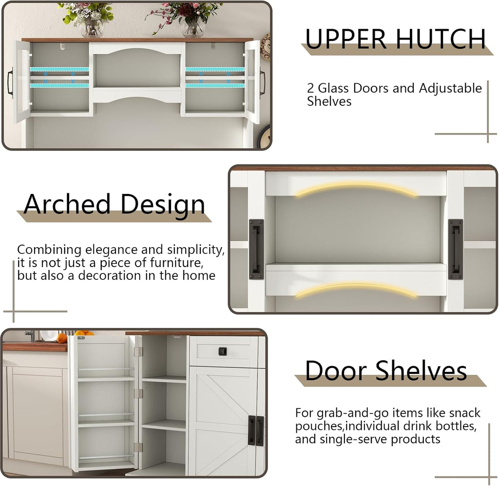 Gyfimoie 60' Tall Farmhouse Kitchen Pantry Storage Cabinet,Kitchen Hutch with Microwave Stand,Freestanding Buffet Pantry Cabinet with Glass Door and Adjustable Shelves for Dining Room (White)