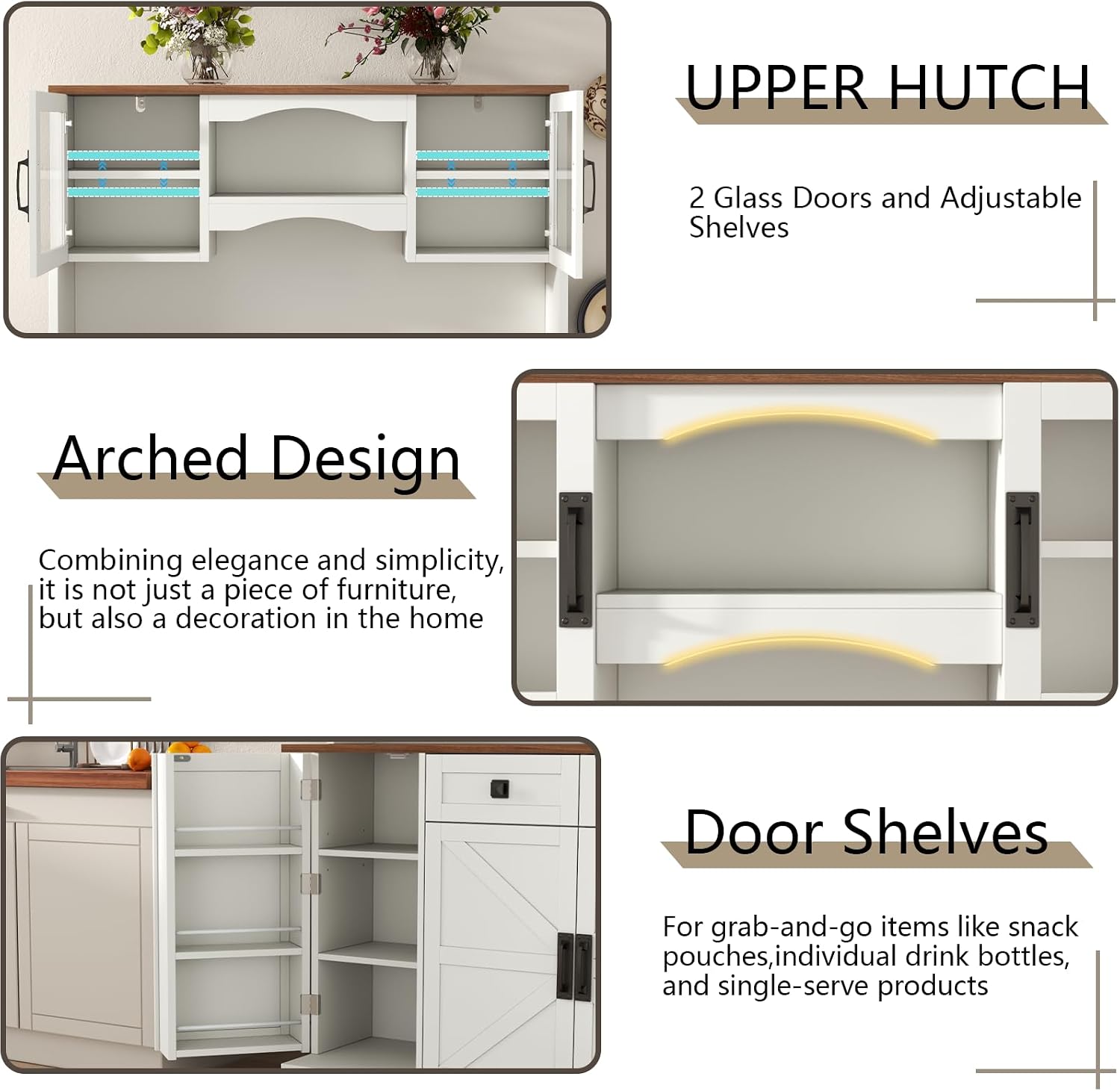 Gyfimoie 60' Tall Farmhouse Kitchen Pantry Storage Cabinet,Kitchen Hutch with Microwave Stand,Freestanding Buffet Pantry Cabinet with Glass Door and Adjustable Shelves for Dining Room (White)