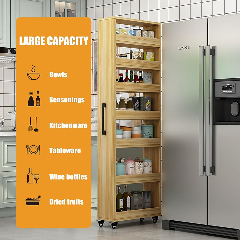 Slim Storage Cart,Rolling Spice Rack Next to Fridge Slim,Kitchen Rolling Cart,Narrow Storage Cabinet, Wood Storage Organizer,for Kitchen,Bakers,Pantry,Dining Room White 7.9×21.6×72.4in