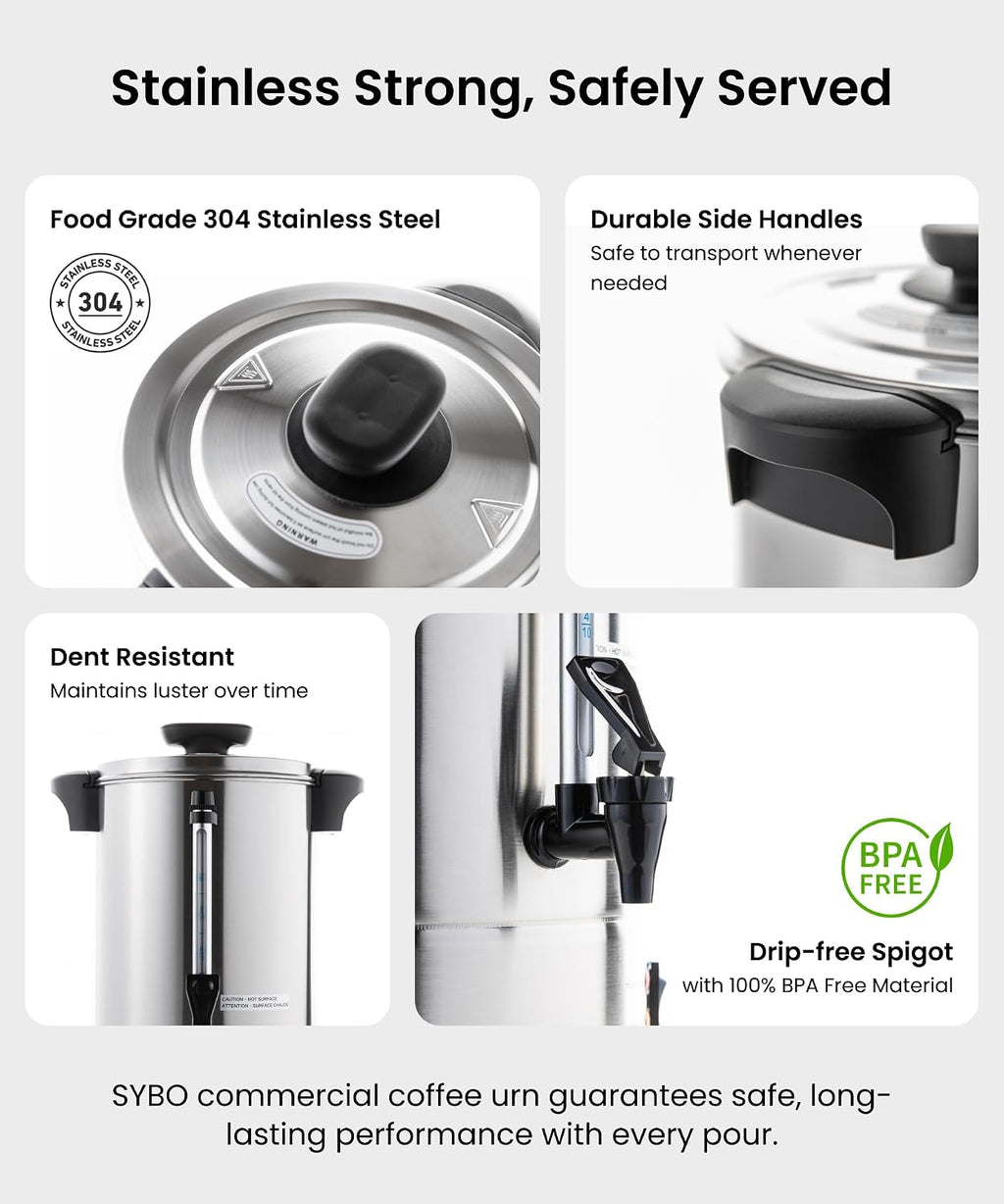 SYBO SR-CP100B Commercial Coffee Urn & Hot Beverage Dispenser, Fast Brew, Keeps Warm – Ideal for Coffee, Tea, Water at Events & Catering, 100-Cup 16 L,Metallic