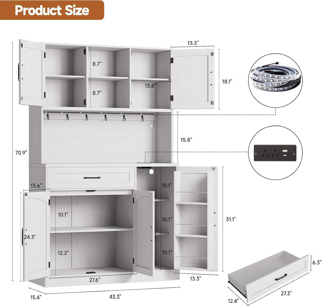 ONBRILL 71' Pantry Cabinet, Kitchen Pantry Storage Cabinet with LED Light & Outlet, Kitchen Hutch with Microwave Shelf & 6 Hooks, Door Shelves & Drawer & Adjustable Shelves, for Dining Room