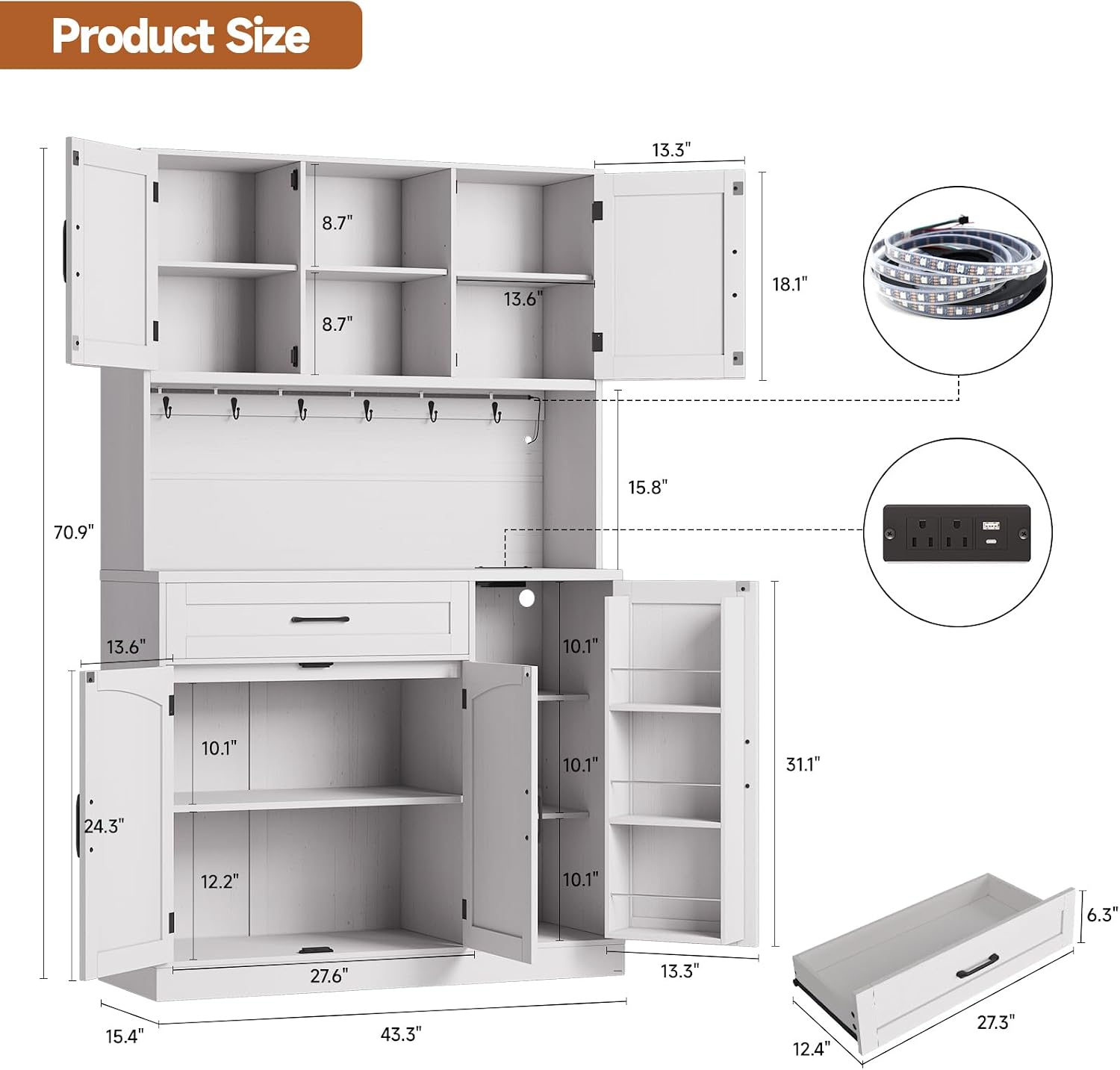 ONBRILL 71' Pantry Cabinet, Kitchen Pantry Storage Cabinet with LED Light & Outlet, Kitchen Hutch with Microwave Shelf & 6 Hooks, Door Shelves & Drawer & Adjustable Shelves, for Dining Room