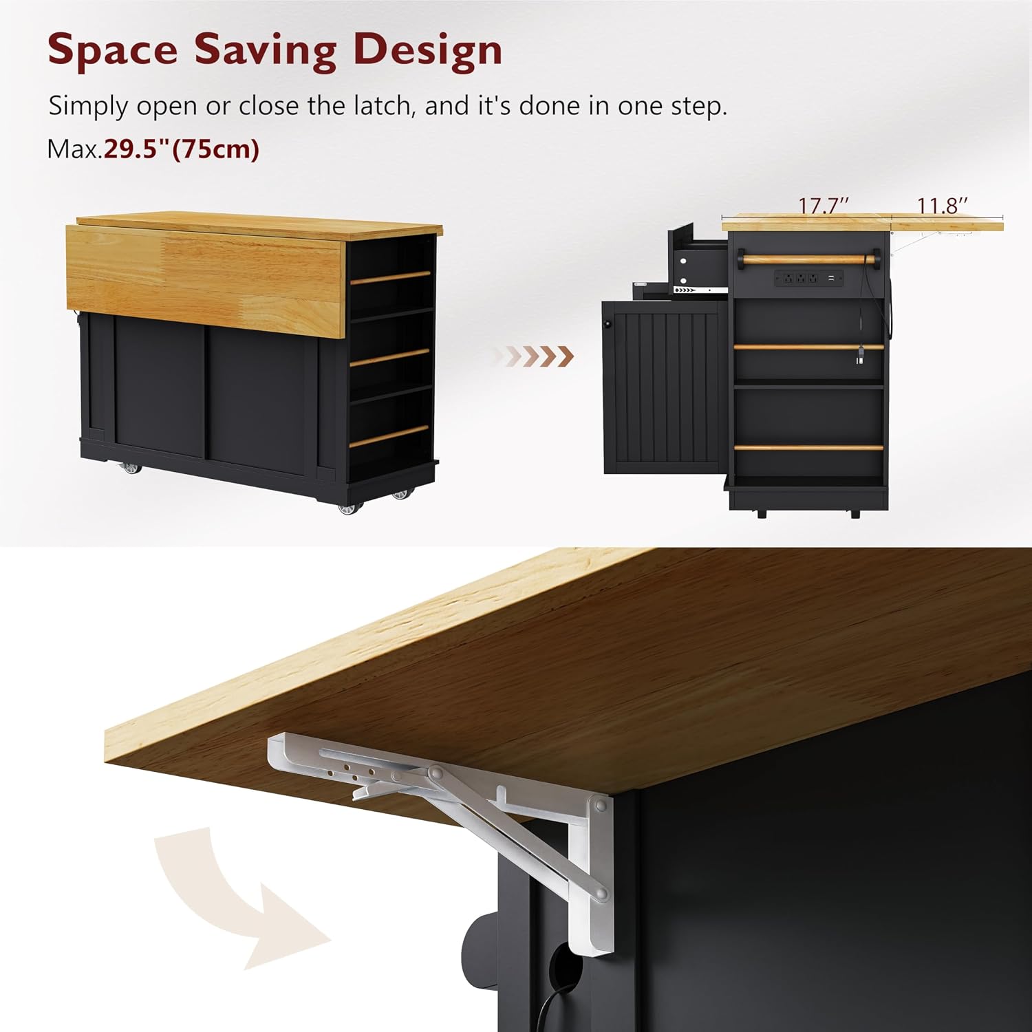 48 inch Rolling Kitchen Island Storage Cart on 5 Wheels with Drop Leaf, 2 Bar Stools, Power Outlet, Door Internal Storage Rack, 5 Open Side Racks, 2 Drawers for Dining Room, Home Bar Black
