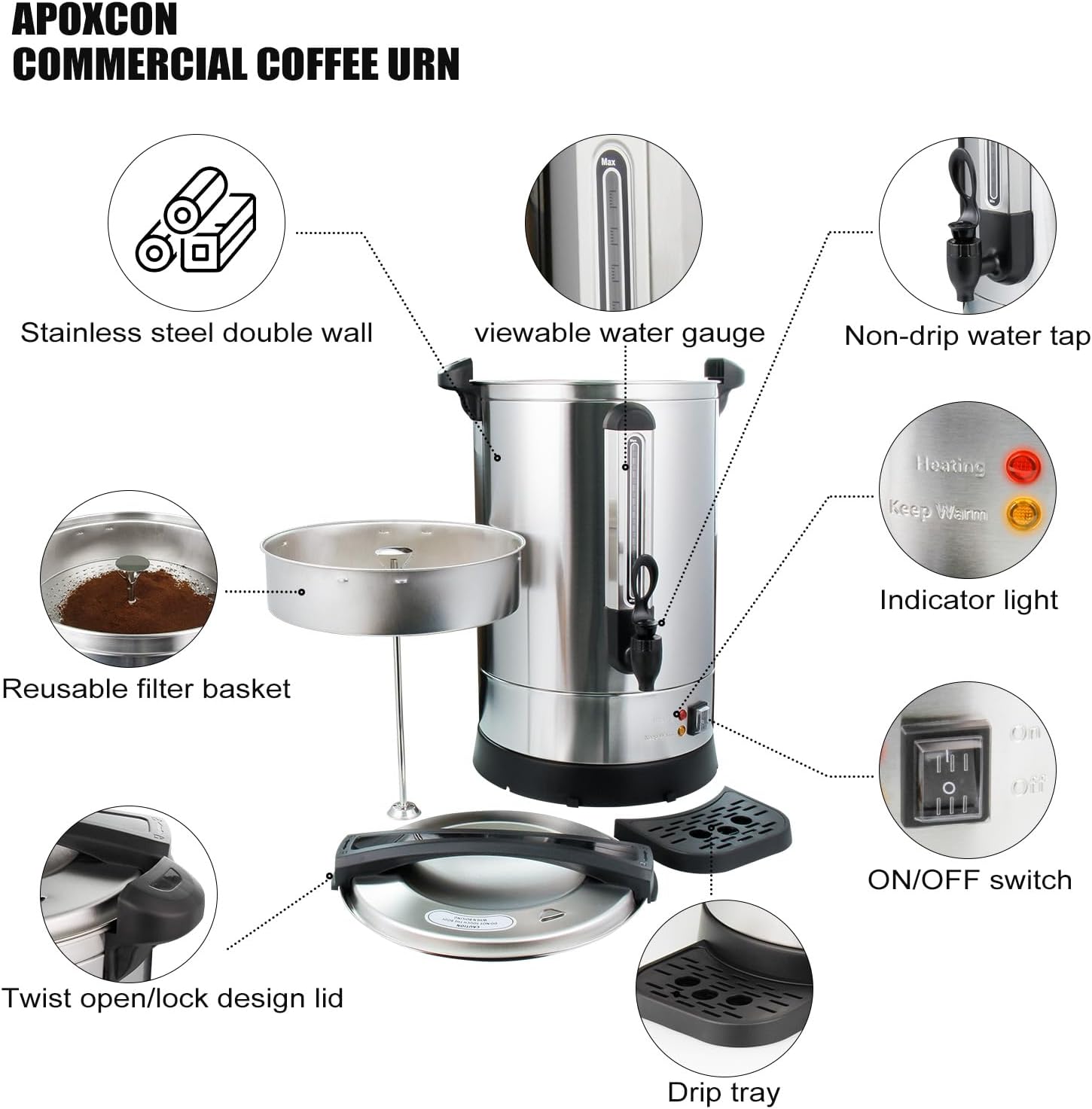 APOXCON Coffee Urn Commercial Grade Coffee Maker Double Wall Stainless Steel Large Hot Water Urn, 1500W Quick Brew Coffee Percolator Electric with Keep Warm Function, 100-Cup 14 L