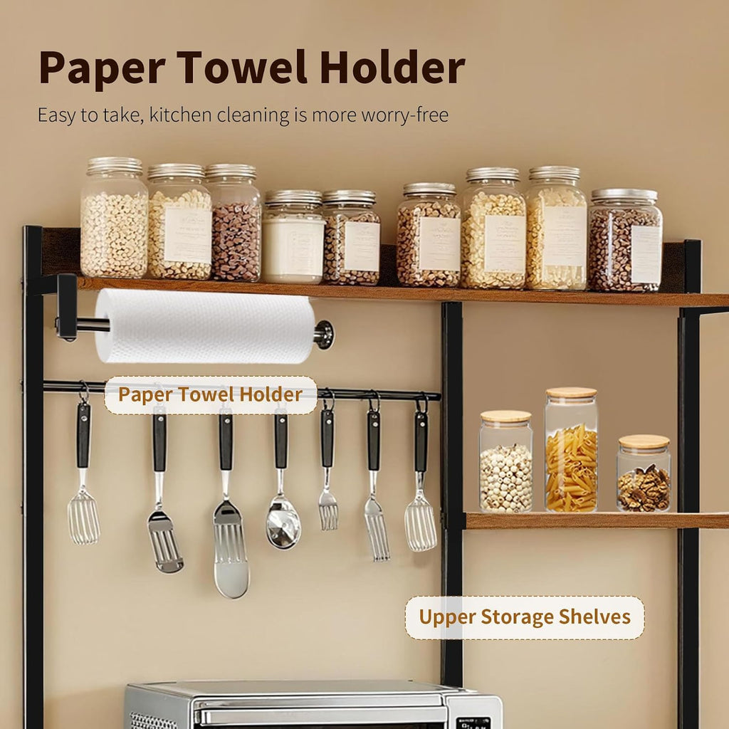 Bakers Rack with Power Outlet, Microwave Stand with Storage, Coffee Bar with S Shaped Hooks, Kitchen Shelf with Wire Basket, Metal Bakers Rack for Spices, Pots (Brown)