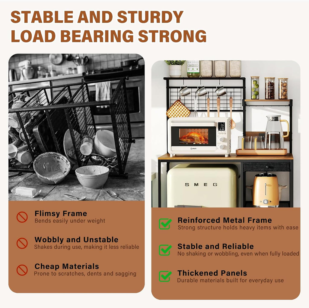 CozyDH Bakers Rack with Power Outlet, Kitchen Microwave Shelf with Storage Shelves, Wood Coffee Bar with Wire Basket and 8 S-Shaped Hooks, Rustic Brown 35.4 Inches