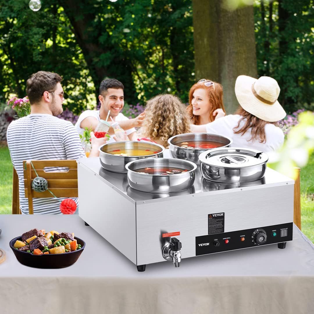 ETL Listed VEVOR Electric Soup Warmer, Four 7.4QT Stainless Steel Round Pot 86~185°F Adjustable Temp, 1500W Commercial Bain Marie with Anti-Dry Burn, Soup Station for Restaurant, Buffet, Silver