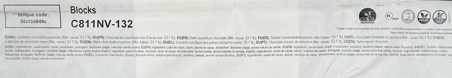 Dark Chocolate Block C811-11.02lb (5kg) - 53.1% Cocoa Solids - Belgium Chocolate
