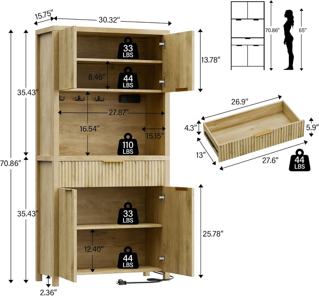 Lulive 71' Fluted Pantry Cabinet with Charging Station & Adjustable Shelves, Spacious Kitchen Storage Cabinet with Open Countertop & Drawer for Dining Room, Living Room, Natrual