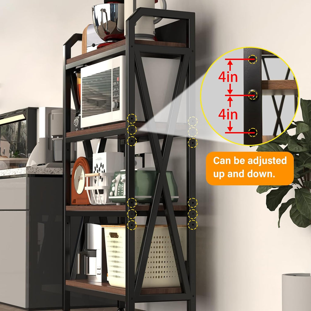 4-Tier Kitchen Bakers Rack, Tall Baker's Rack with Storage, Microwave Stand with Storage, with Adjustable Kitchens Shelves, Estantes para Cocina for Living Room, Garage, Kitchen, Balcony