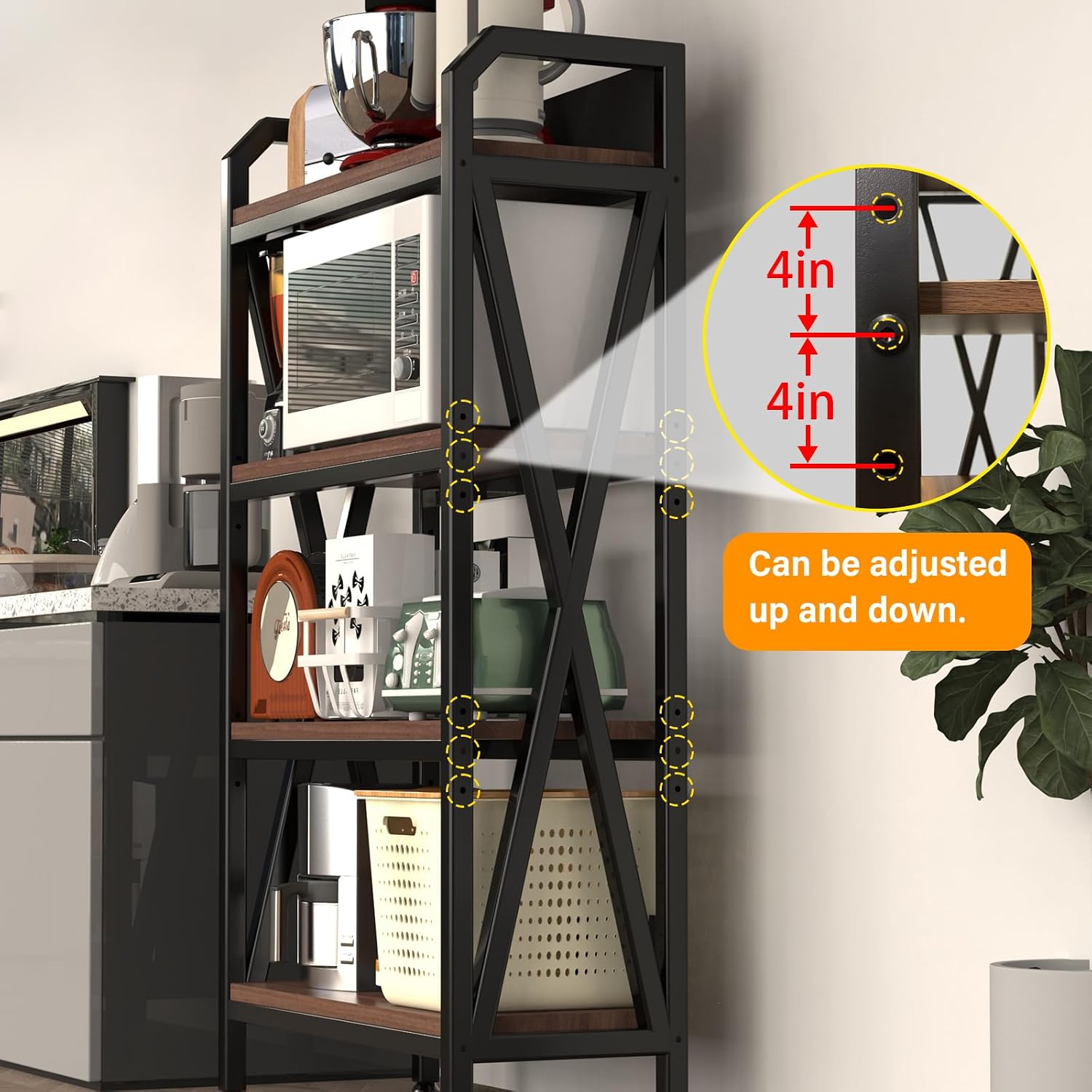 4-Tier Kitchen Bakers Rack, Tall Baker's Rack with Storage, Microwave Stand with Storage, with Adjustable Kitchens Shelves, Estantes para Cocina for Living Room, Garage, Kitchen, Balcony