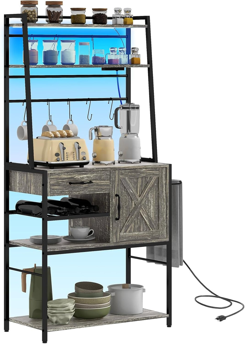 with Power Socket Kitchen Baking Rack, with Led Light, Drawer, Barn Door and S-Hook, Freestanding Kitchen Appliance Organizer (Gray)