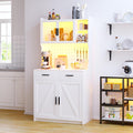 LED Kitchen Pantry Cabinet with Outlets, Farmhouse Storage Cabinet with Drawers & Adjustable Shelves, Cupboard with Pegboard and Hooks for Dining Room (White)