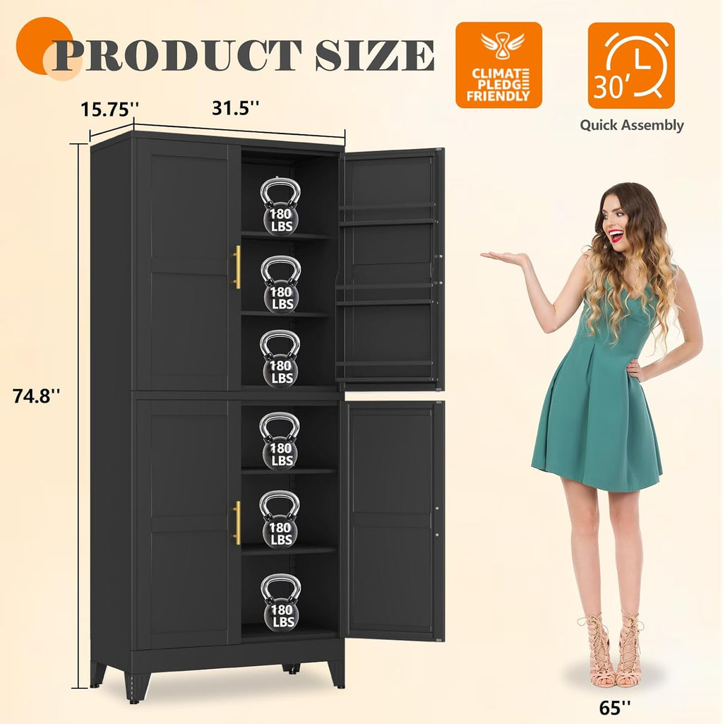 GAIOUS 74.8' Tall Metal Food Cabinet, Black Kitchen Pantry Cabinet, Storage Cabinets with 4 Door and 4 Adjustable Shelves, Steel Freestanding Cupboard for Kitchen Dining Room Living Room Bathroom