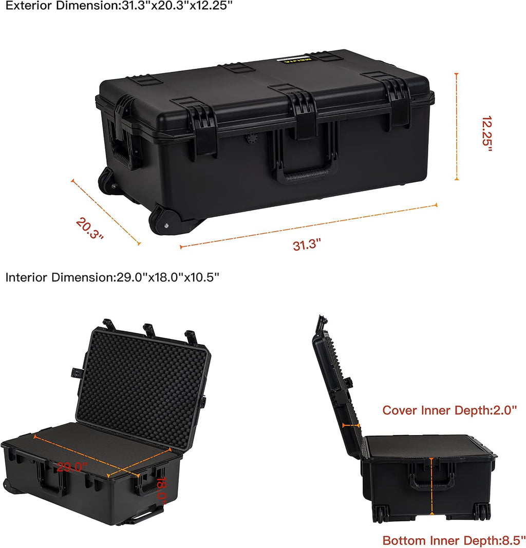 MEIJIA Portable All Weather Waterproof Camera Case,Customizable Fit Foam with Rolling Wheels and Retractable Pull Handle,31.3'X20.3'X12.25'