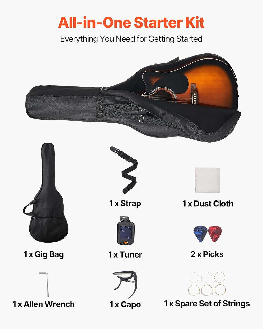 VEVOR 41 in Cutway Acoustic Guitar, 6-String, Sunburst Solid Spruce Top Guitar, Beginner Bundle with Gig Bag, Tuner, Strap, Steel Strings, Picks, Capo, Rosewood Fingerboard, for Fingerstyle Solo Jazz