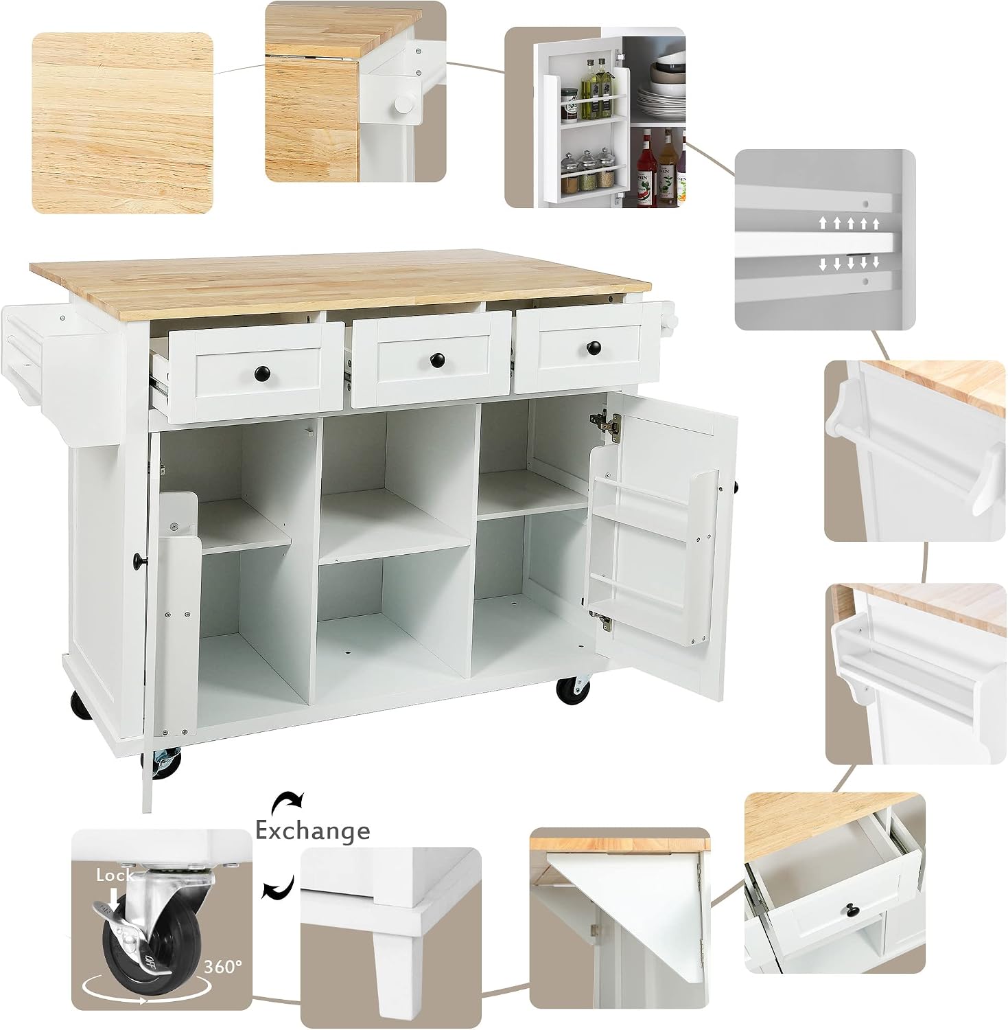 Modern Kitchen Island on 5 Wheels with Storage Cabinet and Drop-Leaf Countertop, Kitchen Cart with Cabinet Door Internal Storage Racks and 3 Drawers for Dinning Room (White#M)