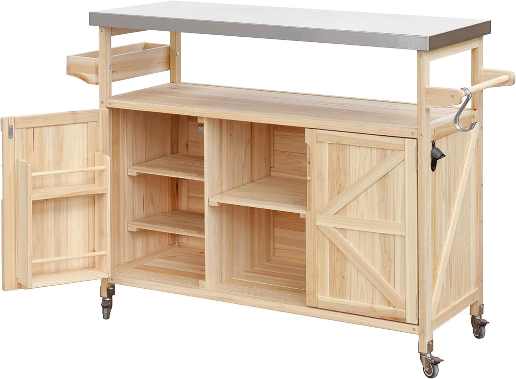 Farmhouse Outdoor Kitchen Island, Rolling Bar Cart & Storage Cabinet with Stainless Steel Top, Spice Rack, Towel Rack for Kitchen & Barbecue, Solid Wood Outdoor Grill Table (Natural)