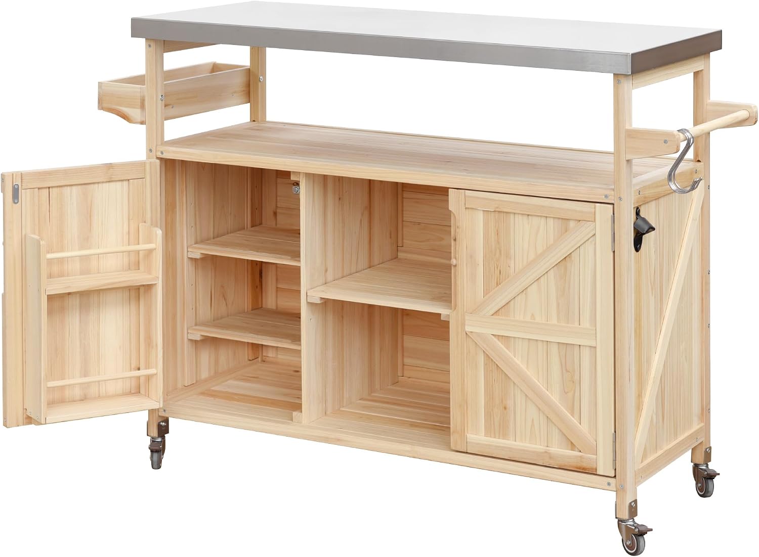 Farmhouse Outdoor Kitchen Island, Rolling Bar Cart & Storage Cabinet with Stainless Steel Top, Spice Rack, Towel Rack for Kitchen & Barbecue, Solid Wood Outdoor Grill Table (Natural)