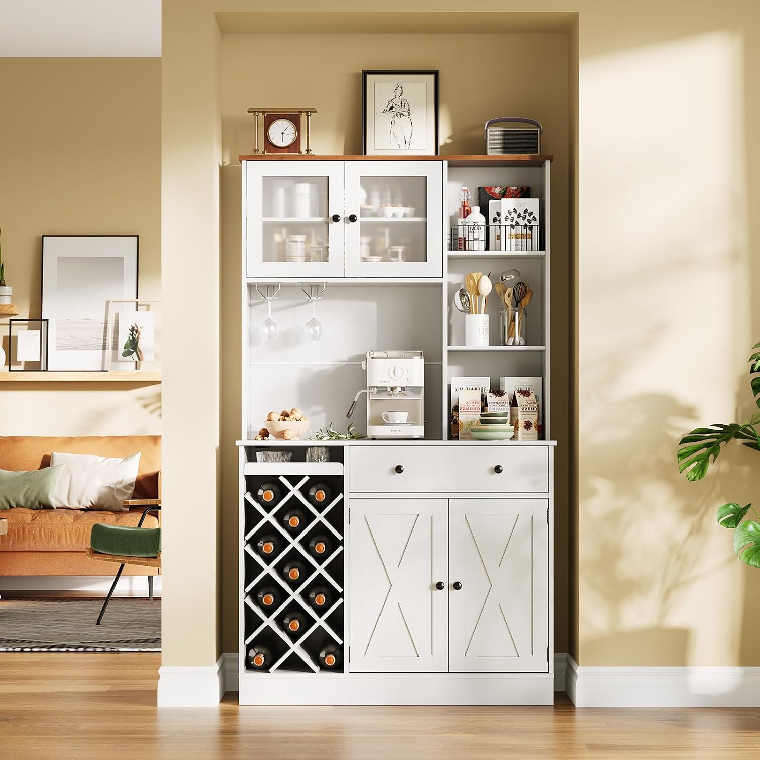 Coffee Bar Cabinet with Power Outlet & Exquisite Barn Doors, 72'' Sideboard Buffet Cabinet with Wine Bottle Rack, Large Kitchen Buffet with Storage and Wine Rack for Kitchen, Dining Room, Living Room