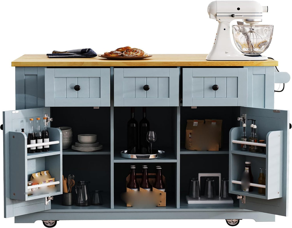 53' Large Kitchen Island with Drop Leaf and Power Outlet Rolling Kitchen Cart with 5 Wheels Internal Door Storage Racks and 5 Side Racks Grey Blue