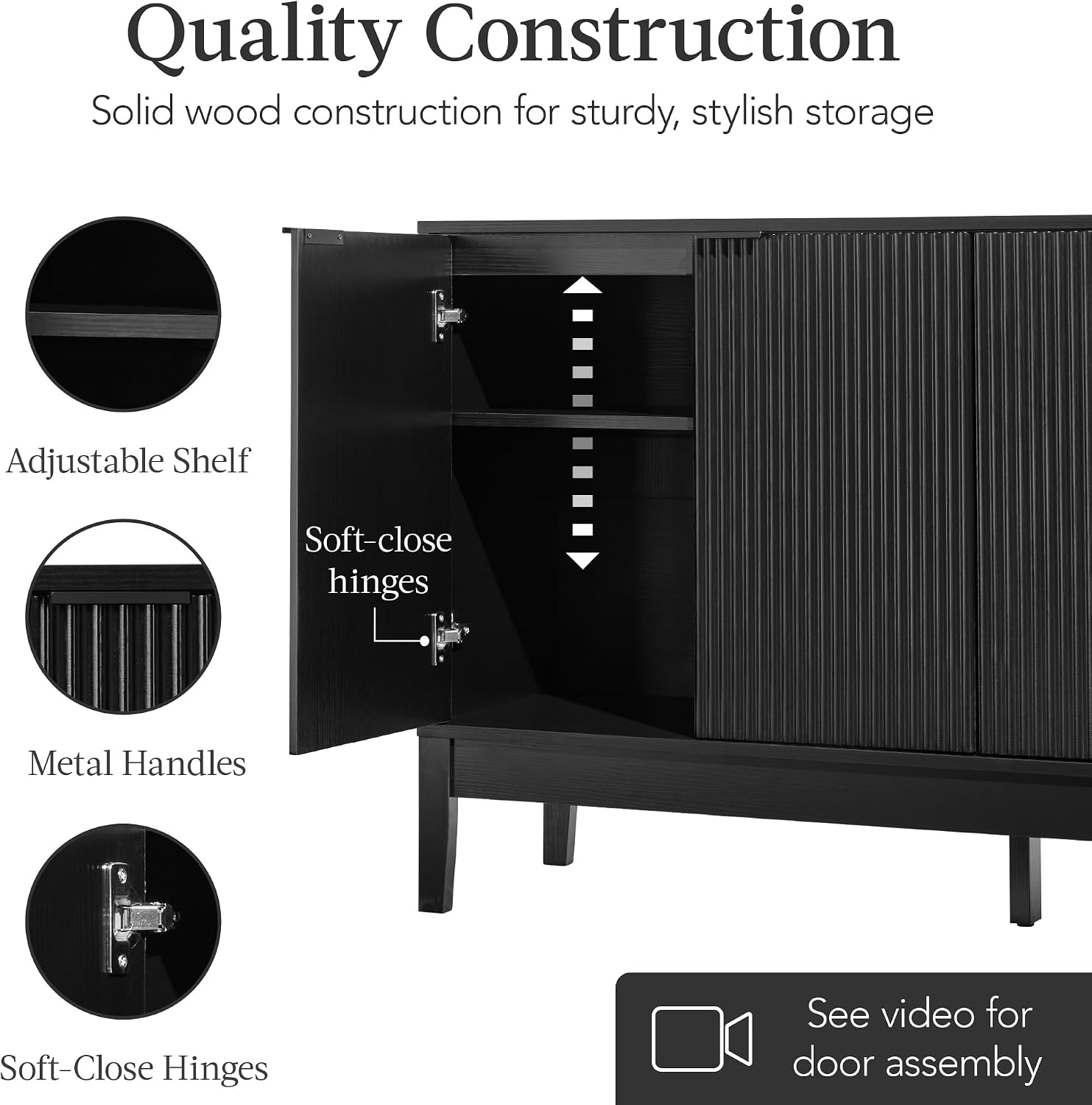 Best Choice Products 55' Modern 4-Door Sideboard Storage Cabinet, Buffet, Media Cabinet, Cupboard, Entryway Accent Table, Bookcase w/Reed Panels and Adjustable Shelves - Black