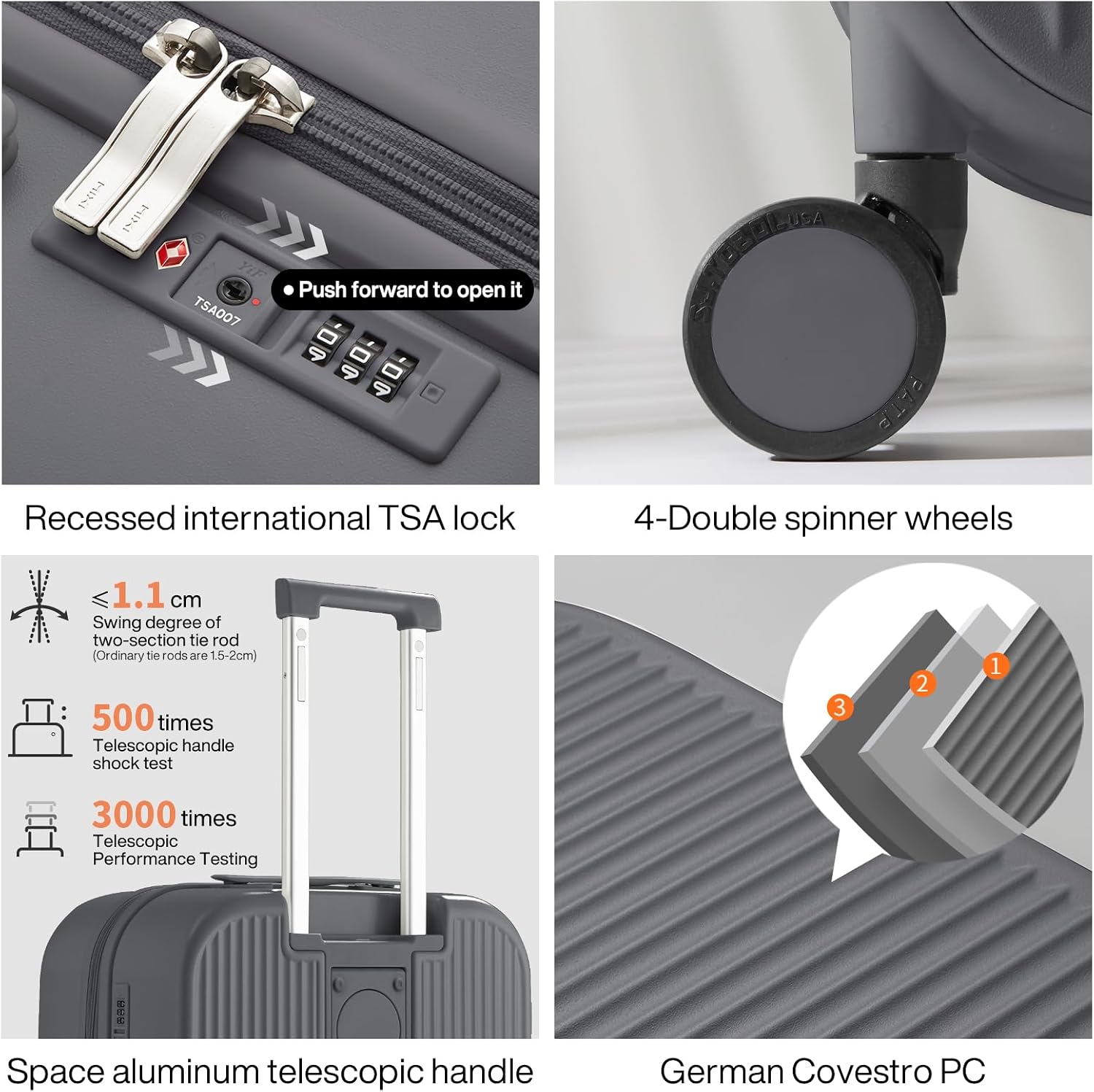 mixi Checked Luggage with Cup Phone Holder Hard Shell Rolling Travel Suitcase with Spinner Wheels,24 Inch Rock Grey