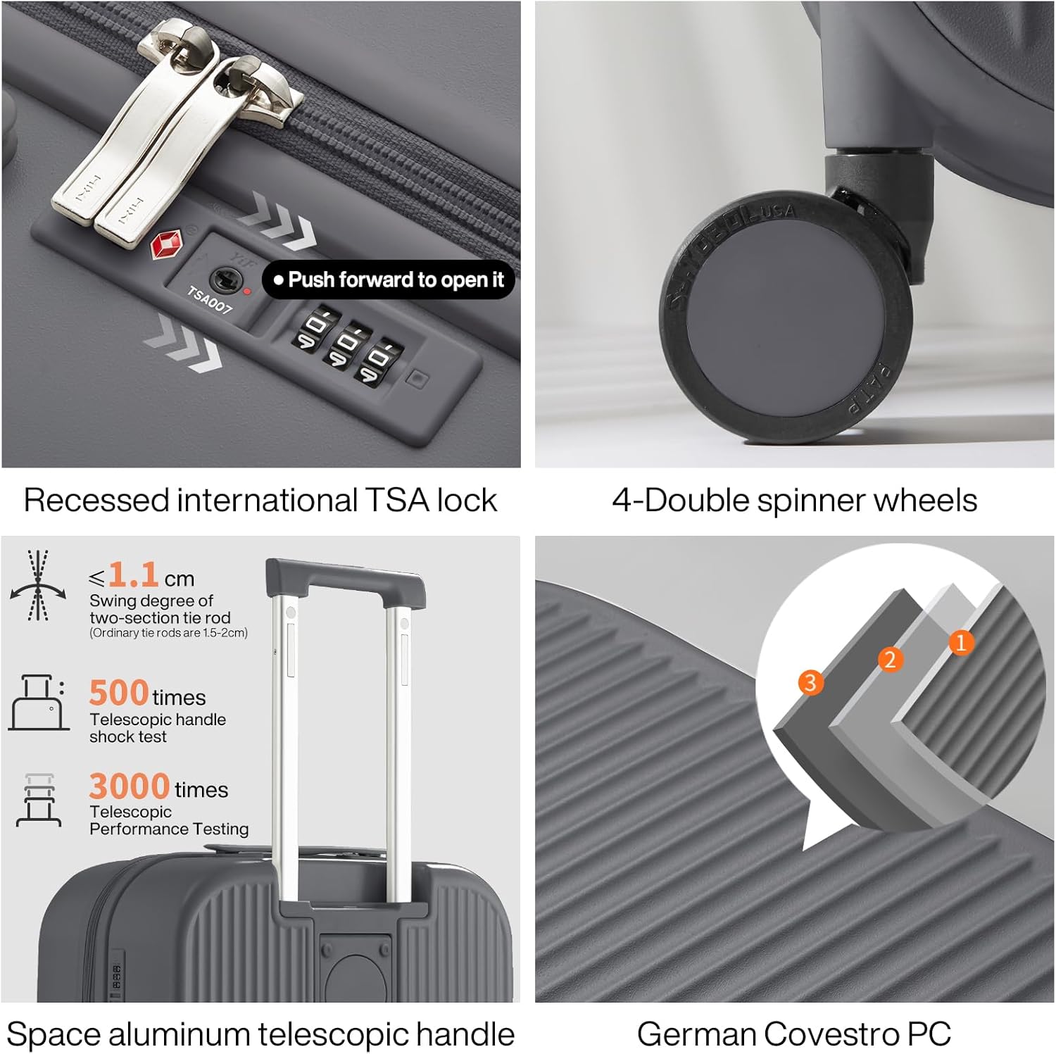 mixi Checked Luggage with Cup Phone Holder Hard Shell Rolling Travel Suitcase with Spinner Wheels,26 Inch Rock Grey