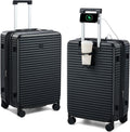 HanTrip Hard Shell Suitcases Travel Expandable Luggage, 24 Inch Check in Luggage with Spinner Wheels Cup Holder Charger Built in, Checked Medium Suitcase Lightweight Suitcases, Black