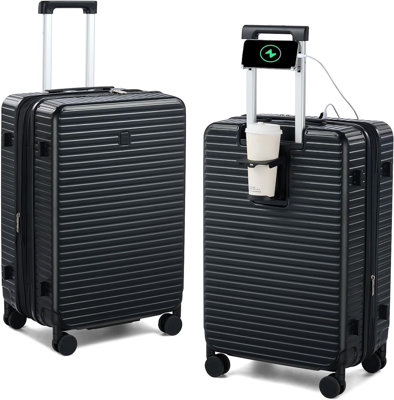 HanTrip Hard Shell Suitcases Travel Expandable Luggage, 24 Inch Check in Luggage with Spinner Wheels Cup Holder Charger Built in, Checked Medium Suitcase Lightweight Suitcases, Black