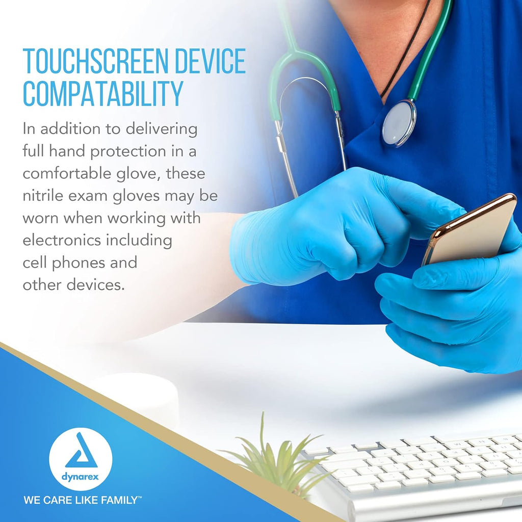 Dynarex Safe-Touch Disposable Nitrile Exam Gloves, Powder-Free, Latex-Free, Touchscreen Friendly & Used by Professionals, Blue, X-Large, 1 Case - 10 Boxes of 100 Gloves