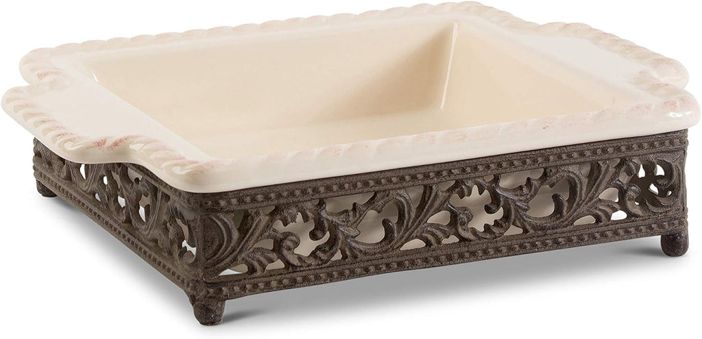 Elegant Acanthus Scrolled Leaf Small Ceramic Baker, Cream, 9 inch by 9 inch