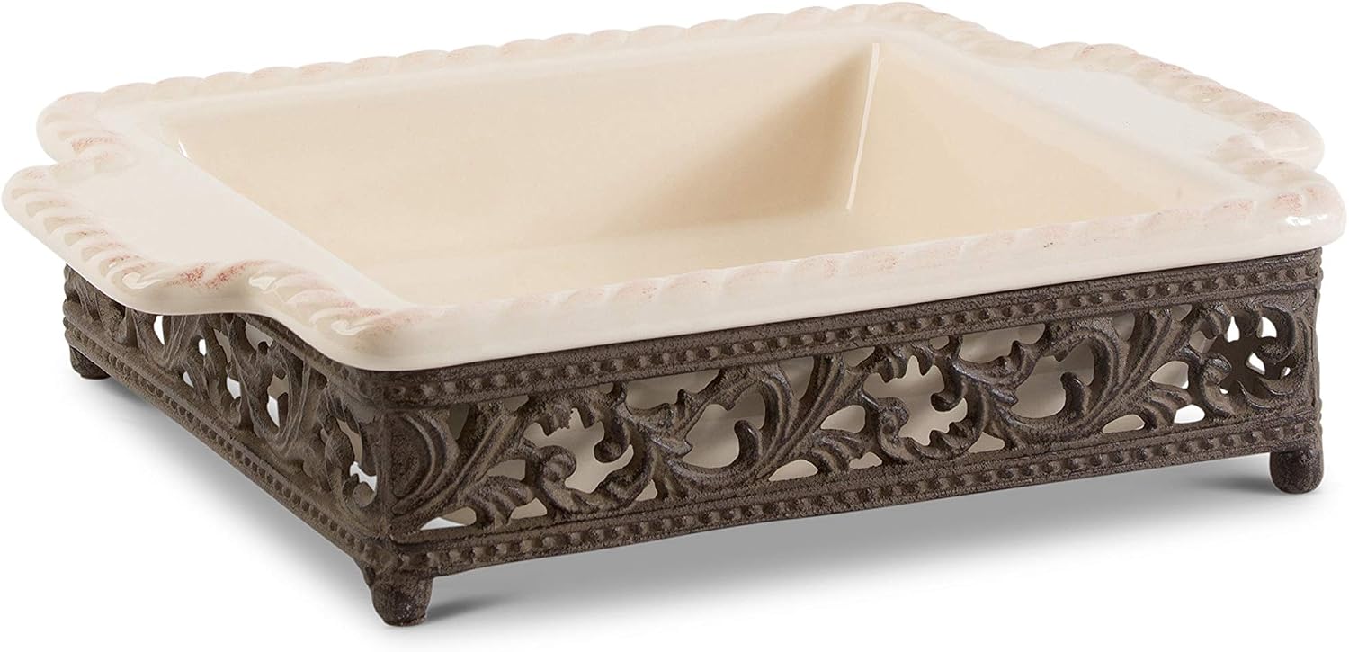 Elegant Acanthus Scrolled Leaf Small Ceramic Baker, Cream, 9 inch by 9 inch