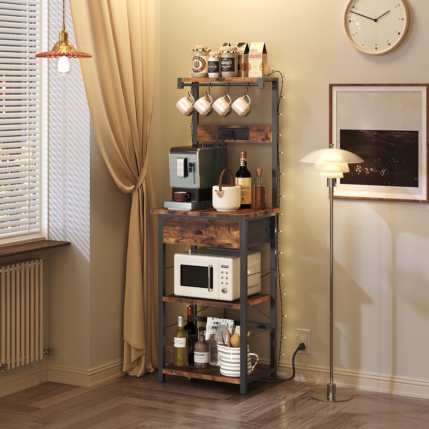 MAHANCRIS Bakers Rack with Drawer and Bakers Rack with Power Outlet Bundle, Microwave Stand, BRHR48E01-BRBK36E01