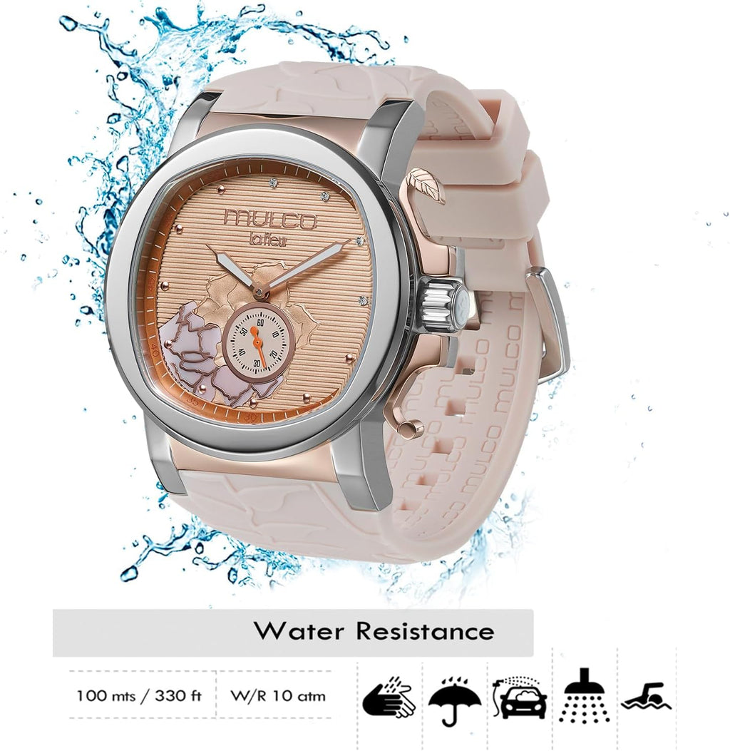 MULCO Le Fleur Gardenia Women's Watch – 43 mm Stainless-Steel Case, Rose-Gold Bezel, Mother-of-Pearl Dial with Crystal Accents, Pure Silicone Strap, Quartz Multifunction Movement, 10 ATM Waterproof