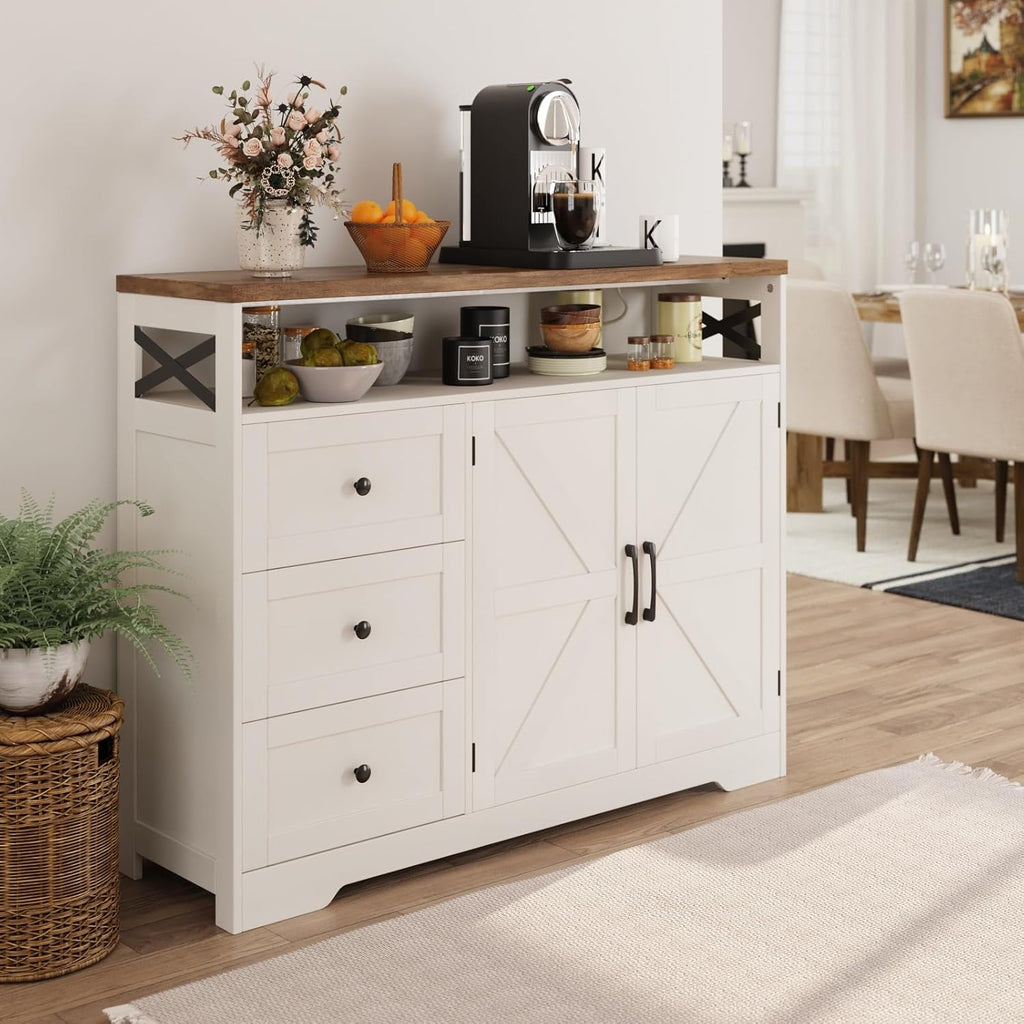 Befrases Farmhouse Buffet Cabinet with Drawers & Open Shelf, Sideboard with Storage, Kitchen Pantry Cabinet Hutch, Coffee Bar Station for Kitchen, Livingroom, 47' L White