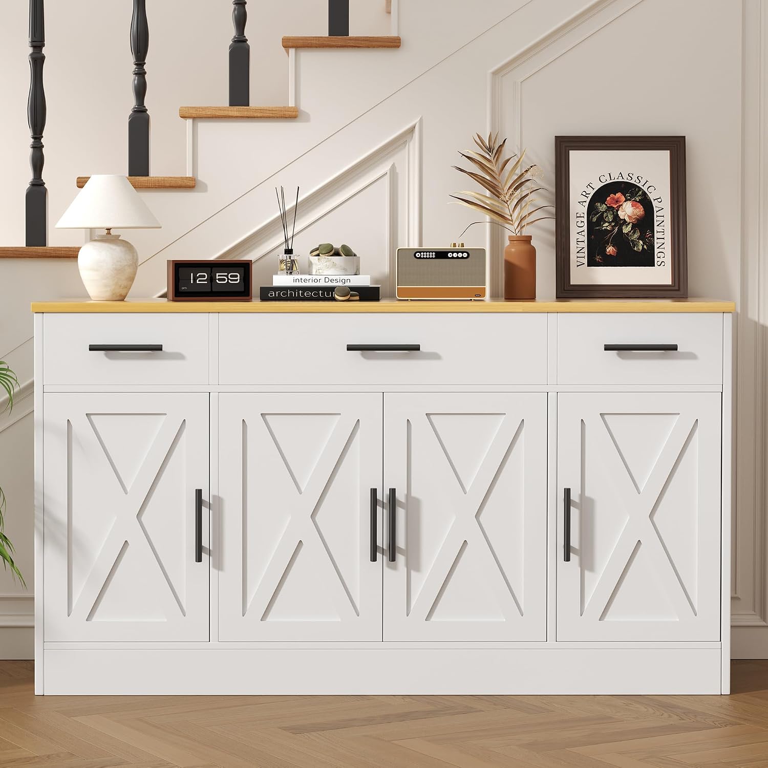 Vongrasig Buffet Cabinet with Storage, Farmhouse Coffee Bar Cabinet with Drawers, 53' Large Modern Sideboard Buffet with Adjustable Shelves for Kitchen, Dining Room, White