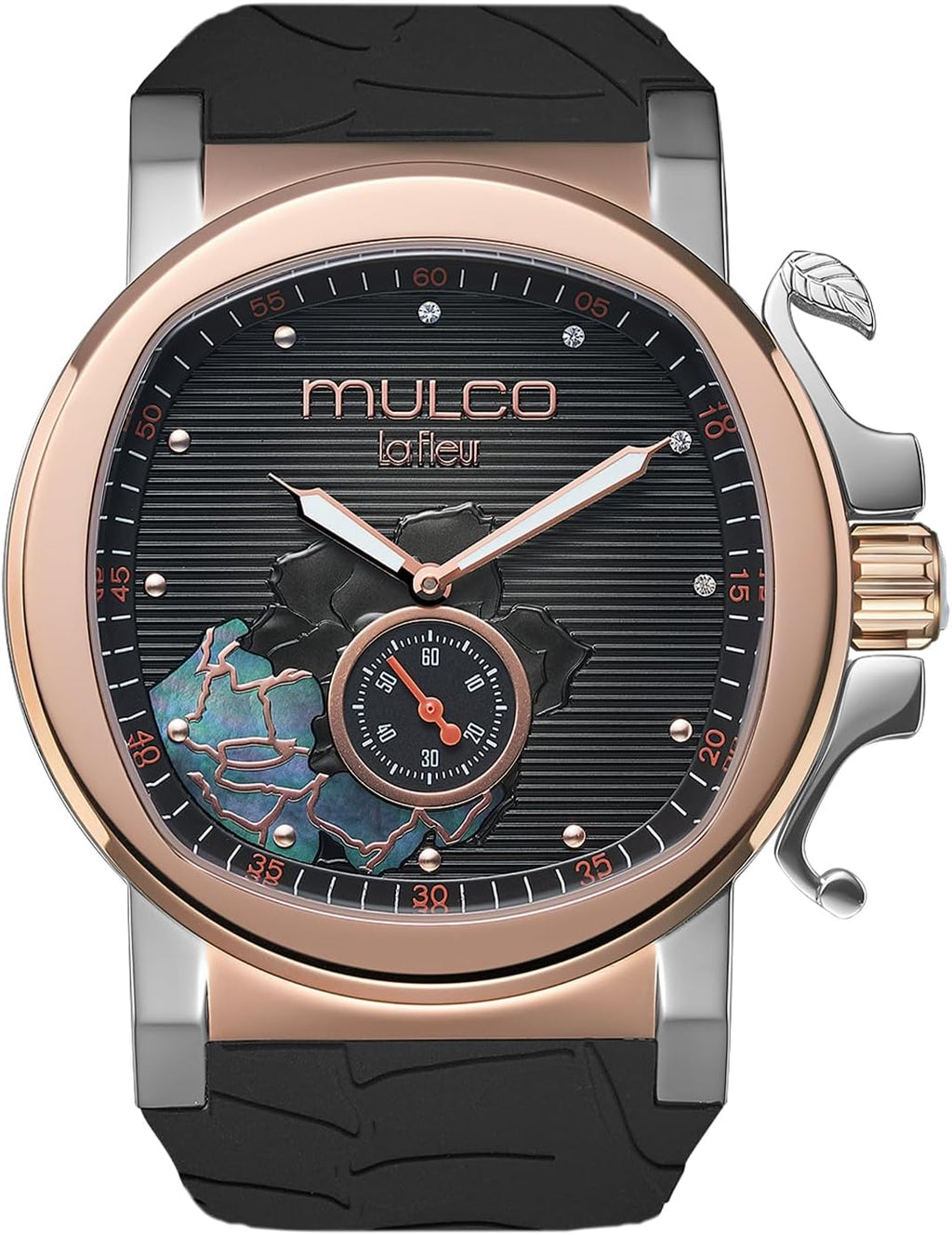 MULCO Le Fleur Gardenia Women's Watch – 43 mm Stainless-Steel Case, Rose-Gold Bezel, Mother-of-Pearl Dial with Crystal Accents, Pure Silicone Strap, Quartz Multifunction Movement, 10 ATM Waterproof