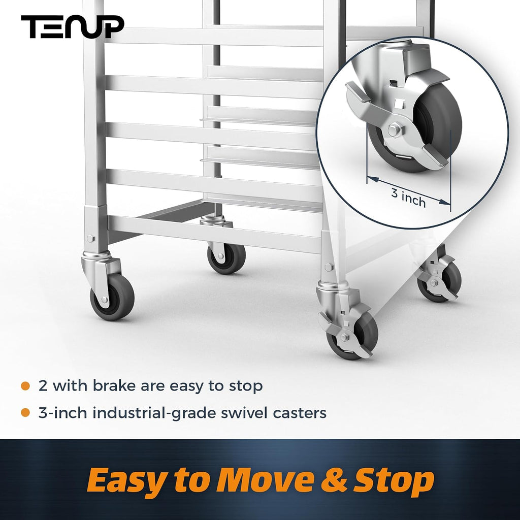 TenUp 10-Tier Half Size Sheet Pan Rack, Heavy-Duty Aluminum Bakery Rack with Wheels – Commercial Cooling & Storage Cart – 18' L x 15.5' W x 36' H